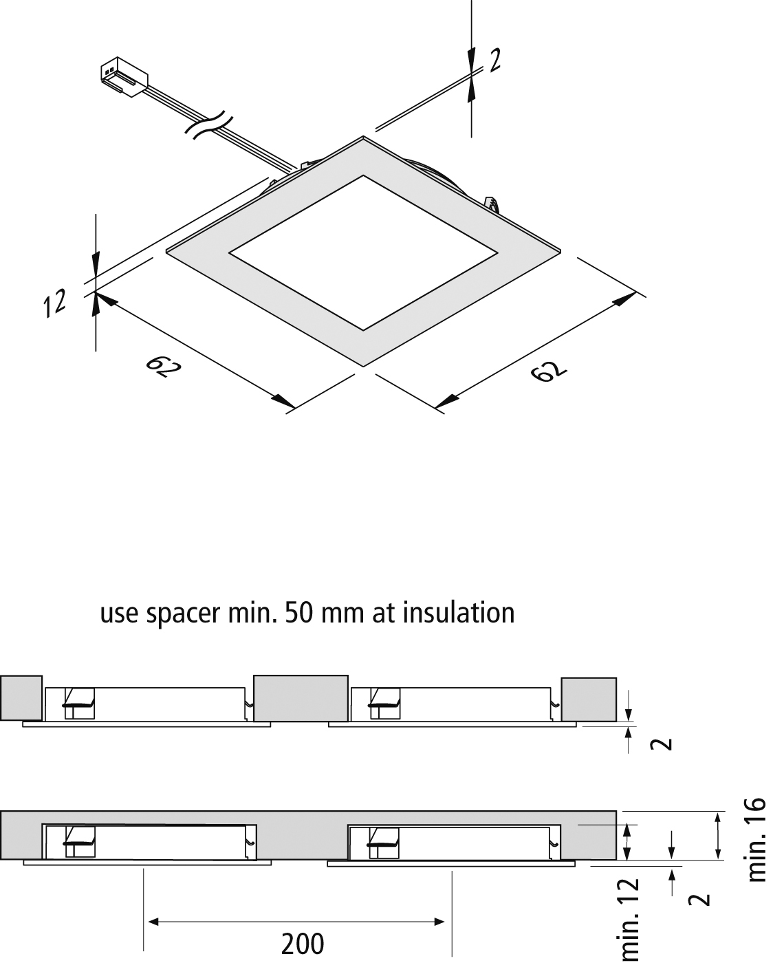 Preview: 12mm flat metal recessed furniture luminaire square, pluggable FAQ 58