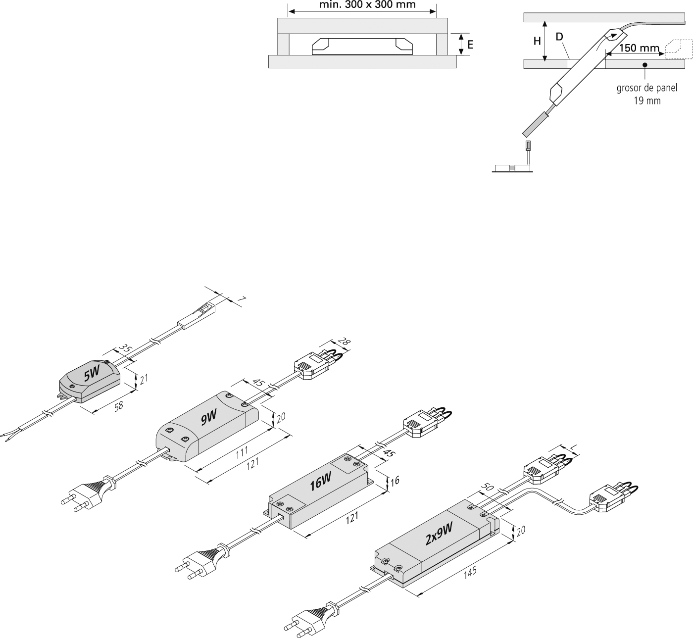 Vista preliminar: Transformadores electrónicos de seguridad para luminarias LED de 350 mA Transformador LED 350mA - Estándar