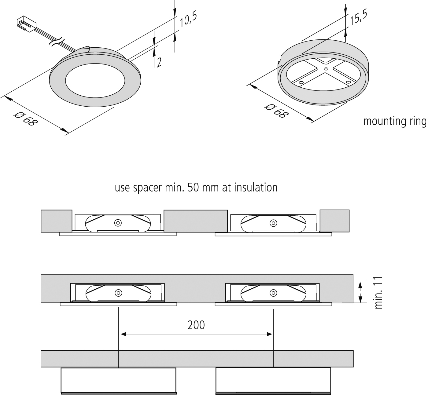 11mm flat, 55-58mm hole homogeneous recessed furniture luminaire FR 55